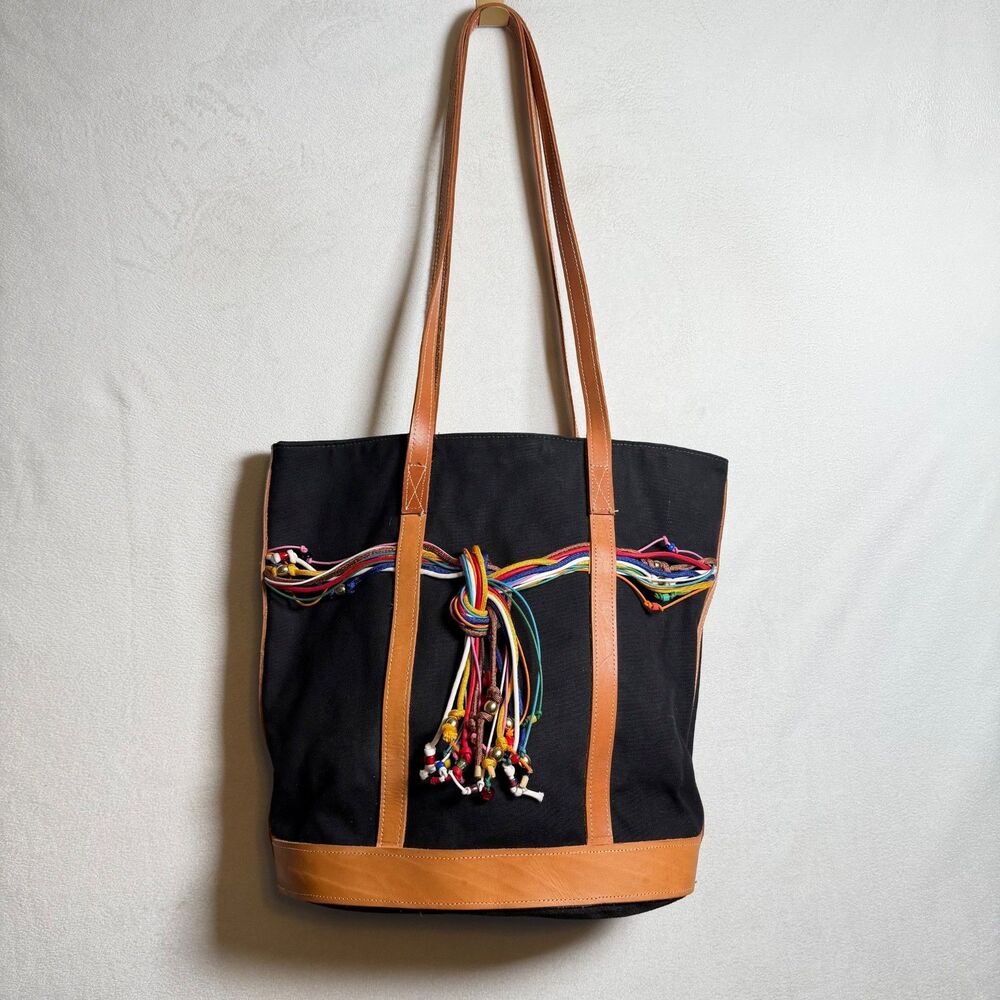 Ginnie Johansen Black Canvas Tote Leather Trim Boho Beaded Cord Large Shoulder